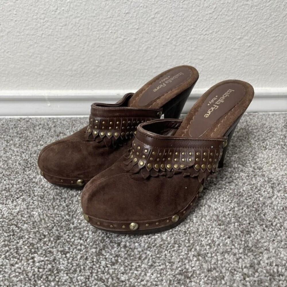 Isabella Fiore Women 7 Brown Clogs Mules Suede Leather Studded Made In Italy